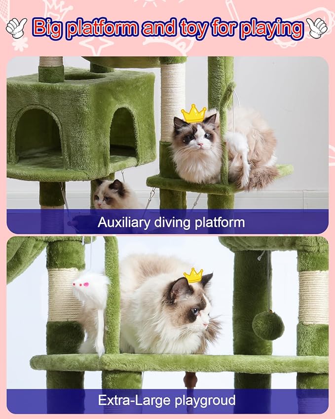 Cat Tree, Cat Tower for Large Cats with 2 Big Platforms, 2 Baskets, condo and Toys, 63" Cat Scratching Posts for Indoor Cats, Green GCT020GR