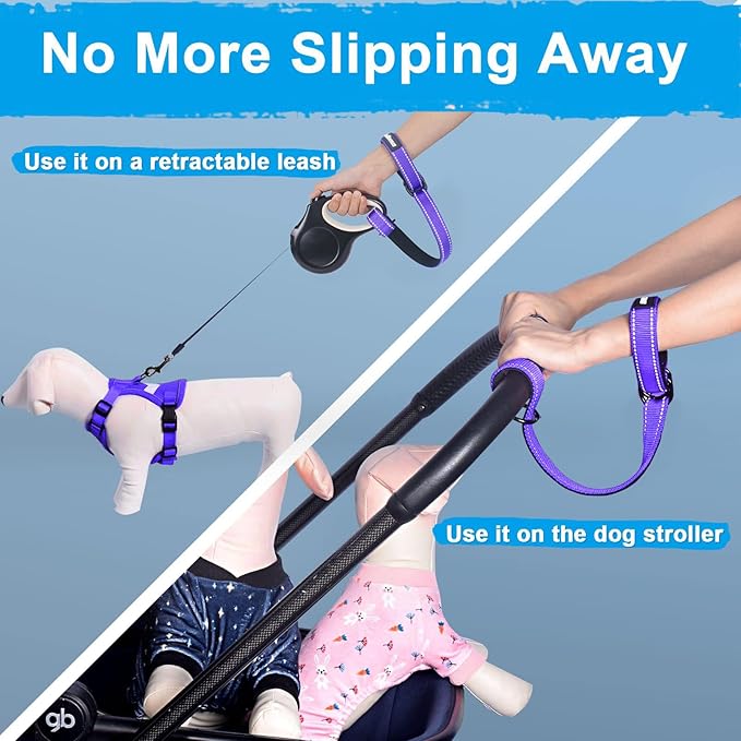 PetBonus Short Dog Leash, Safety Wrist Strap for Retractable Dog Leash, Reflective Design and Adjustable Soft Padded Handle, Extra Layer Security for Pet Stroller (Purple)