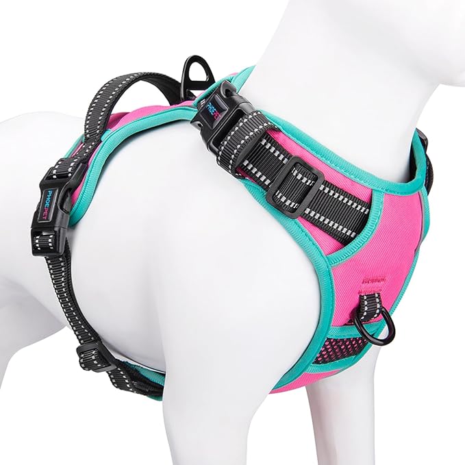 PHOEPET 2019 Upgraded No Pull Dog Harness, Reflective Adjustable Vest, with a Training Handle + 2 Metal Leash Hooks+ 3 Snap Buckles +4 Slide Buckles(S, Pink)