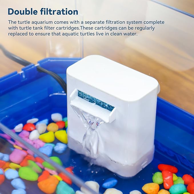Aquatic Turtle Tank Habitat Kit Stone+Filter+Heat Lamp Enhancing Interaction with 360° Viewing, Standalone Filtration, DIY Creative Zone, Enriched Living (Blue, Medium[with Light])