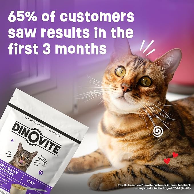 Dinovite for Cats Supplement - Immune + Digestive, Skin + Coat Support, Vitamins, Minerals, Omega 3, Enzymes, Probiotics. Reduces Shedding, Dry Skin, Itching, Stinking, Bald Spots, Seasonal Issues
