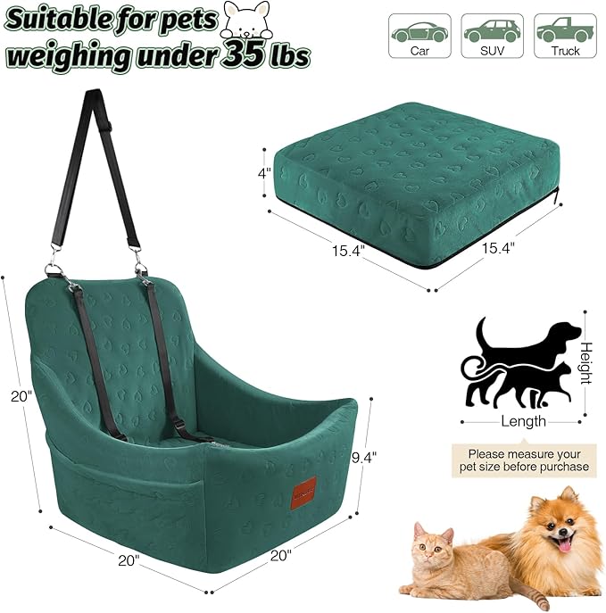Dog Car Seat for Medium Dogs, Pet Travel Bed with Seat Belt Channel, Fully Detachable and Washable, 3 Straps Easy to Install (Green)