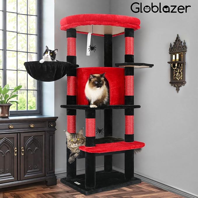 Globlazer Gothic Corner Cat Tree Tower with Scratching Post for Indoor Cats, 51inch Goth Cat Condo Tower with Large Hammock, Fan-Shaped Padded Perch, Spacious Cat Cave, Hanging Basket, C51, Red Black