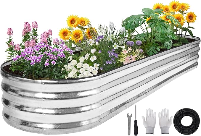 Galvanized Raised Garden Bed - 8×2×1ft Planter Raised Beds for Gardening | Oval Metal Garden Planter Box with Safety Edging and Bracing Rods for Vegetables Fruits and Flowers - Silver