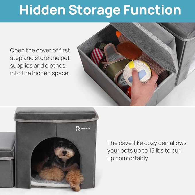 Foldable Pet Stairs for Beds & Sofas - Non-Slip Dog Steps with Storage for Small to Medium Dogs & Cats, Supports up to 120 lbs - Durable 2 & 3-Step Doggie Ladder for Easy Access