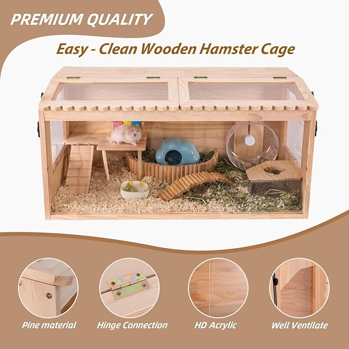 Wooden Hamster Cages and Habitats, 48"x20"x20" Guinea Pig Cage, Small Animal Cage for Dwarf Syrian Hamsters Degus Mice & Other Small Pets. Big Hamster Habitat with 2 Adjustable skylights.