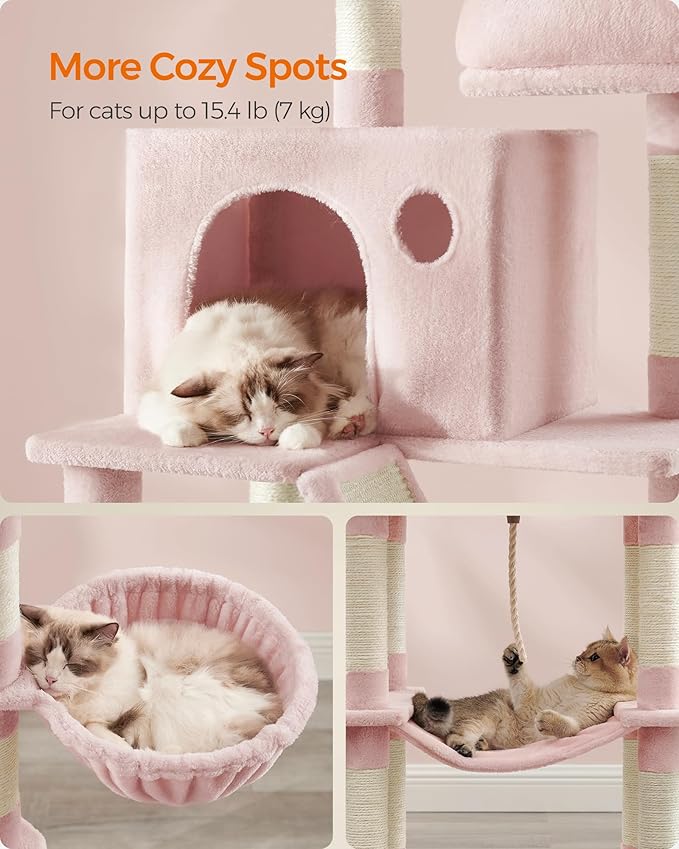 Feandrea Cat Tree, 81.1-Inch Large Cat Tower with 13 Scratching Posts, 2 Perches, 2 Caves, Basket, Hammock, Pompoms, Multi-Level Plush Cat Condo for Indoor Cats, Jelly Pink UPCT190P01