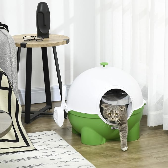 PawHut Hooded Cat Litter Box, Large Kitty Litter Pan with Lid, Scoop, Leaking Sand Pedal, Top Handle, Dark Green