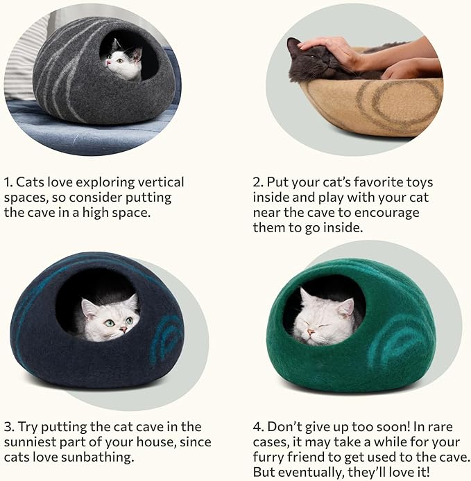 MEOWFIA Cat Cave – Premium Felt Cat Bed for Indoor Cats, Handmade 100% Merino Wool (Medium, Dark Grey)