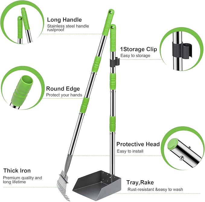 Niubya Pooper Scooper for Dogs, Metal Poop Scooper Tray and Rake Set with Adjustable Long Handle, Dog Pooper Scooper for Pet Waste Removal