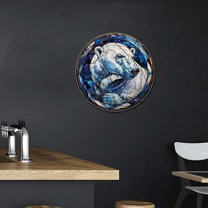 Lygond Metal Sign Tin Sign Circular Stained Glass Polar Bear Minimalist Wall Art for Gift 12×12 Inches