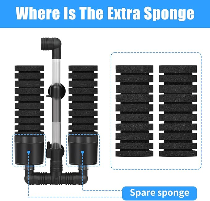 AQUANEAT Aquarium Air Powered Sponge Filter with Ceramic Media Balls, for Betta Fry Shrimp Fish Tank, with 2 Spare Sponges, up to 55Gal