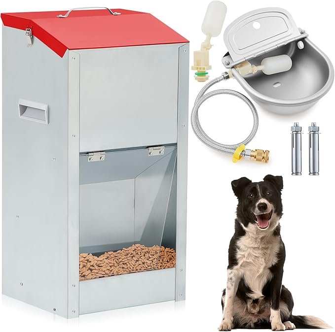 Integrated No Installation Galvanized Automatic Dog Feeder and 304 Stainless Steel Automatic Water Dispenser for Large Dogs 25lbs Outdoor Gravity Feeder Livestock Waterer