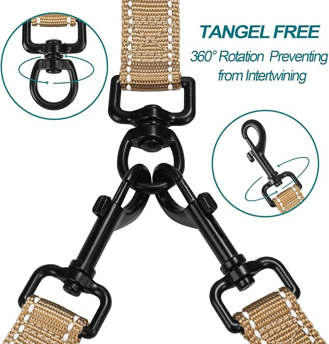 PetBonus Double Dog Leash, No Tangle Dual Leash, Reflective Walking Training Lead, 4 Comfortable Padded Handles for 2 Dogs with Collapsible Bowl and Waste Bags (Light Khaki, Large)