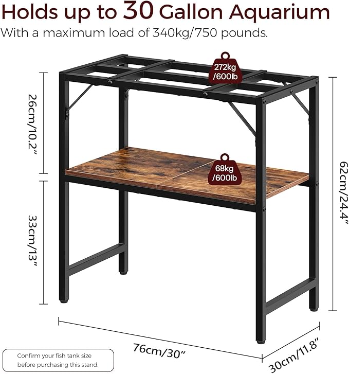 30 Gallon Fish Tank Stand, Aquarium Stand with 2-Tier Storage Shelves, Heavy Duty Breeder Turtle Terrarium Stand Rack for Home Office, 30.0" L x 11.8" W x 24.4" H, Rustic Brown FTHR3001