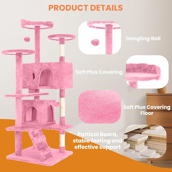 54.7 inches Cat Tower for Indoor Cats, Multi-Level Cat Condos with Scratching Posts, Hanging Toys, Pink
