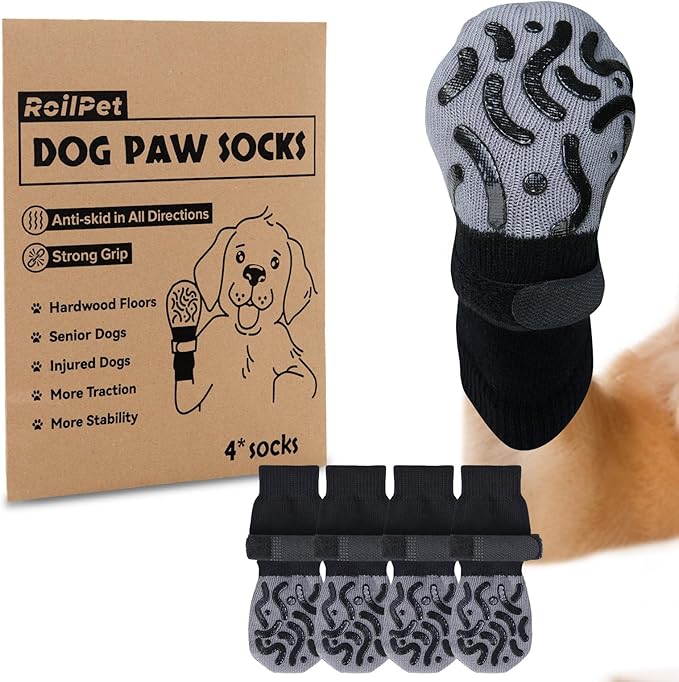 Double Sides Non-Slip Dog Socks to Prevent Licking Paws - Strong Traction for Hardwood Floors, Senior Dogs, Paw Protector, Dog Socks with Grippers Black