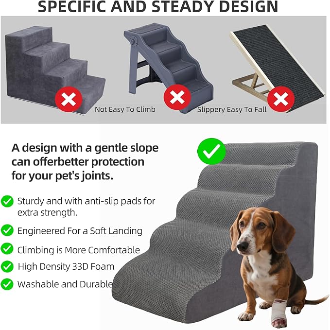 4 Step Pet Stairs Ramp for High Beds Sofas 18-24 Inch with Sturdy Non Slip Waterproof Pads, Machine Washable Cover Indoor Balanced Design for Cats Dogs Small Medium Large XL Pets Grey