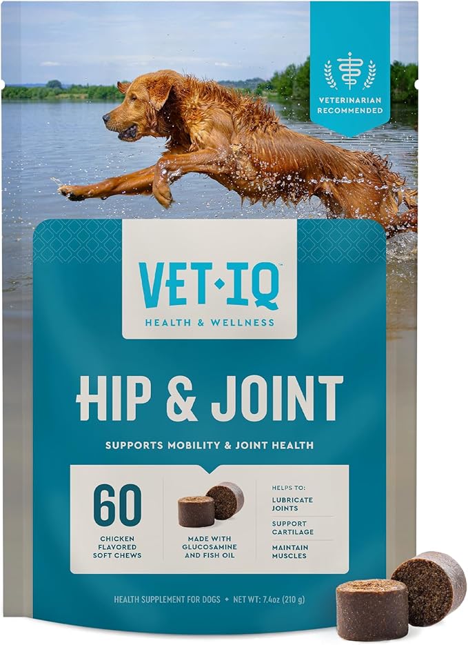 VetIQ Hip & Joint Supplement for Dogs, Anti Inflammatory Joint Support, Glucosamine, MSM, and Krill, Chicken Flavored Soft Chews, 60 Count