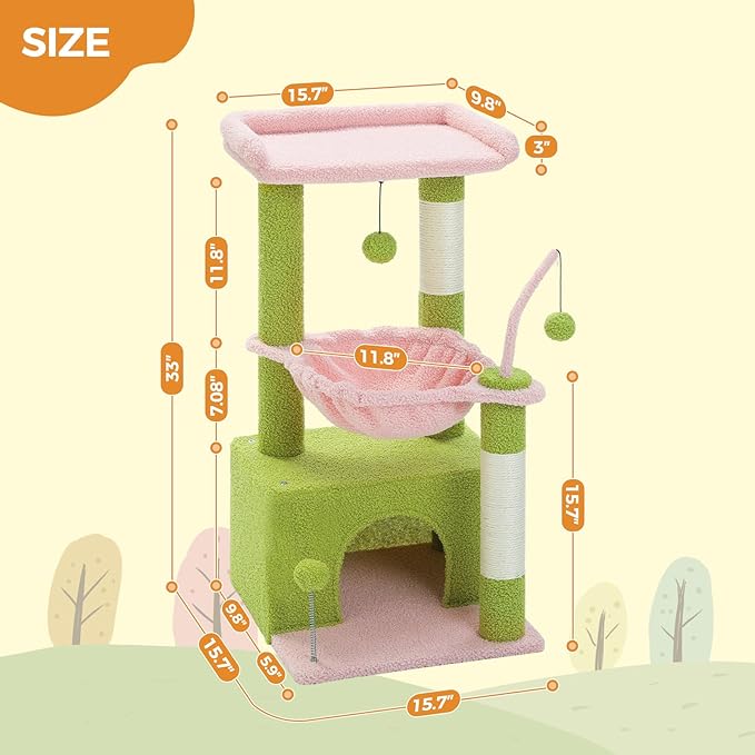 PEQULTI 4-in-1 Multi-Level Cat Tower, 33'' Pink Cat Tree for Indoor Cats with Large Condo, Scratching Post for Cats with Deep Hammock& Cozy Top Perch