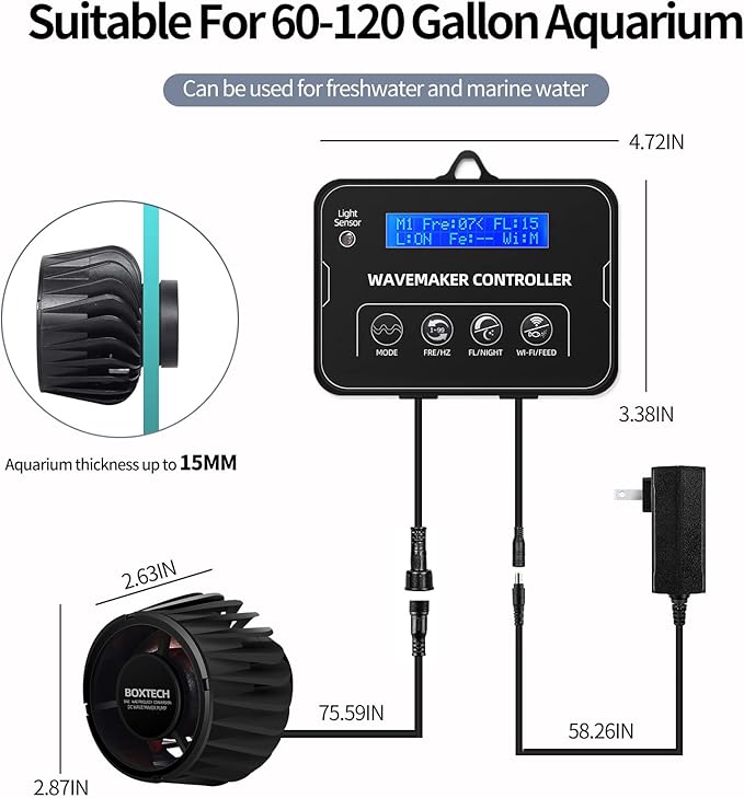 Aquarium Wave Maker With Controller, 3400 GPH DC Circulation Pump, Ultra-Quiet Fish Tank Powerhead with Magnetic Mount Suction for 60-120 Gal Freshwater Saltwater Tank