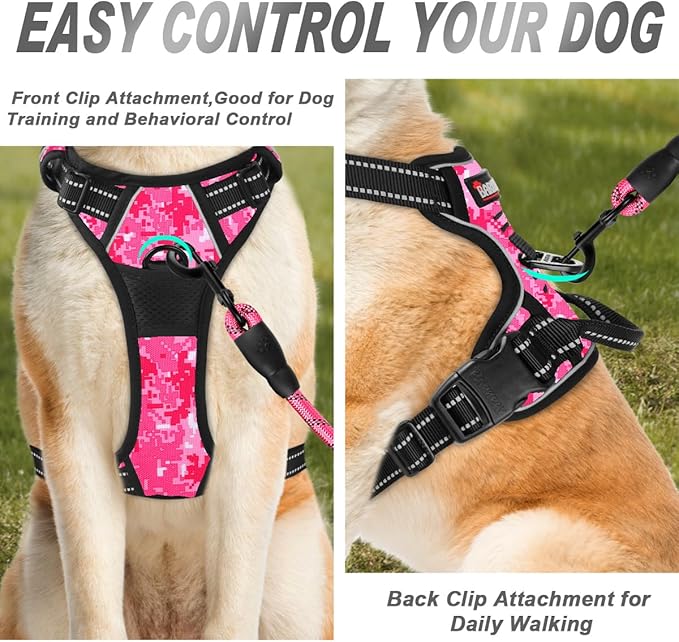 BARKBAY No Pull Dog Harness Front Clip Heavy Duty Reflective Easy Control Handle for Large Dog Walking(Pink camo,M)