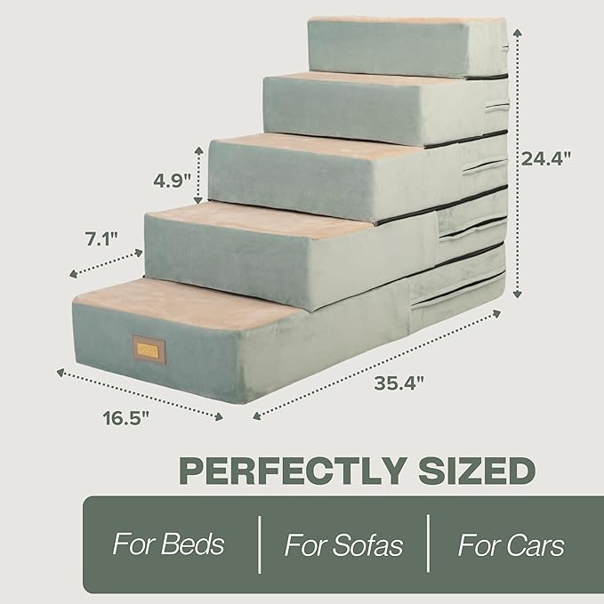 All-in-One Adjustable Dog Stairs – 5-Step Premium Pet Ramp for Small to Large Dogs – Sturdy, Non-Slip & Versatile for Beds, Sofas & More - Soft Cover, Modern Design (Green)