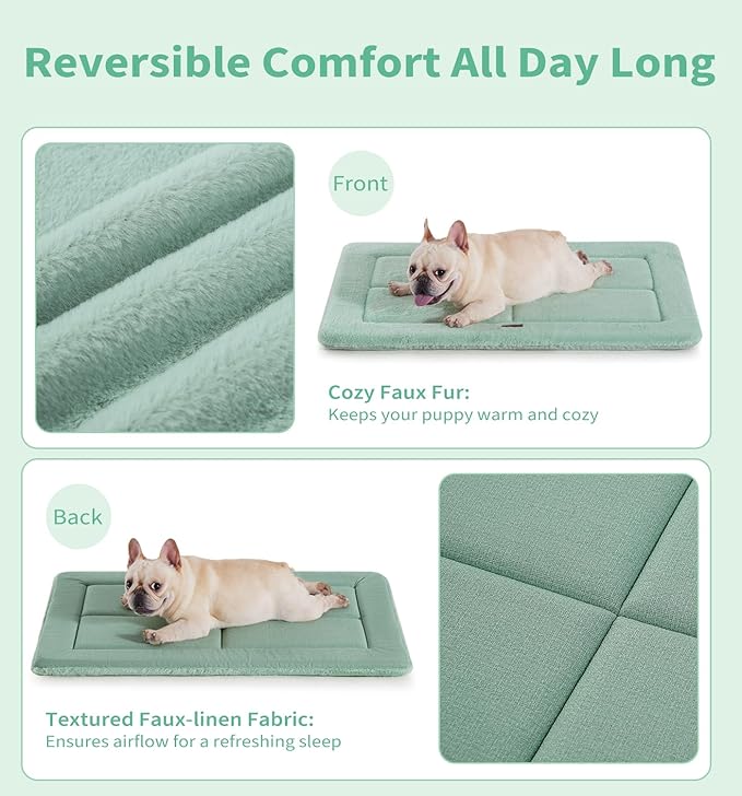 Made4Pets Dog Crate Pad Bed for Medium Dogs, Washable & Reversible, Anti-Slip Kennel Mat for Cozy Sleeping, Soft Fluffy Dog Bed for Indoor & Outdoor Use, 29"x21", Green
