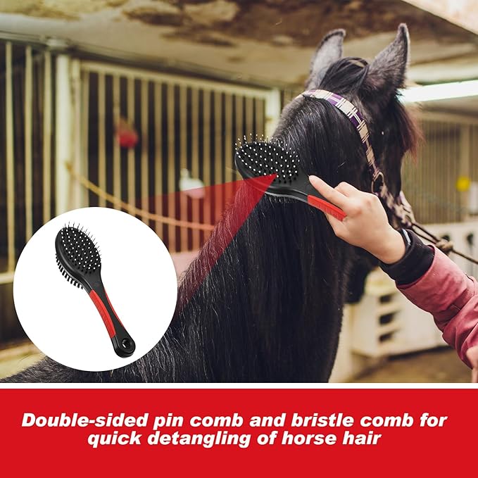 Horse Tail Extension Bag and Double Side Pin and Bristle Comb Brush, Red and Black Fake Horse Tail Bag