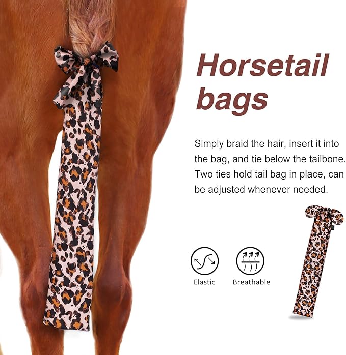 Harrison Howard Stretchy Tail Bag Breathable Horse Tail Guard Slip on Design Protect Horse Tail 2 Strand Closure Straps Keep Tail Clean & Protected 22" L Length Makes Grooming Easy-Leopard Print
