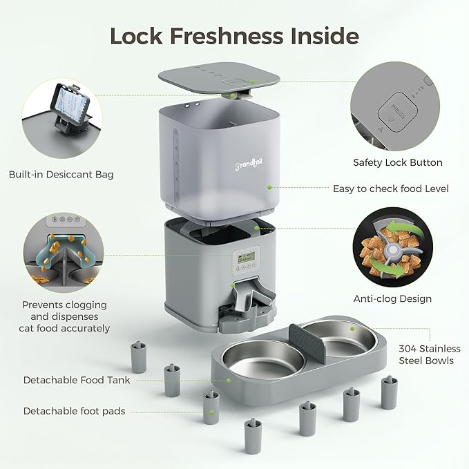 Automatic Cat Feeder for Pets, Programmable Meal Dispenser, for Timed Meals for Up to Cats & Dogs Including Dual Power Supply, and Capacity for 4 Meals Daily