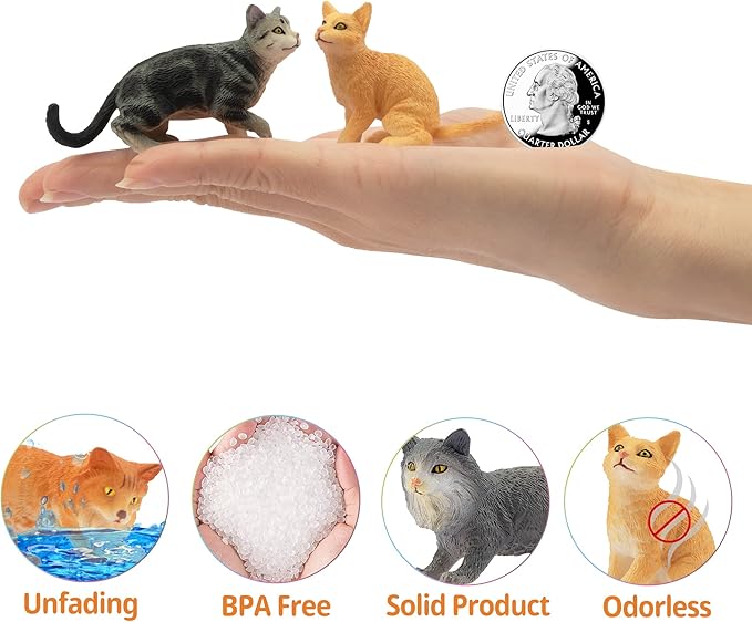 Toymany 8PCS Grey & Orange Cat Figurines Set, Realistic Cat Figures Kitten Toys, Cat Cake Toppers Easter Eggs Birthday Gift for Kids Children