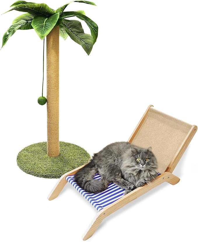 PETKARAY Cat Scratching Post with Cat Beach Chair, 36" Tall Palm Tree Cat Scratching Post, Large Sisal Cat Scratcher for Indoor Kittens
