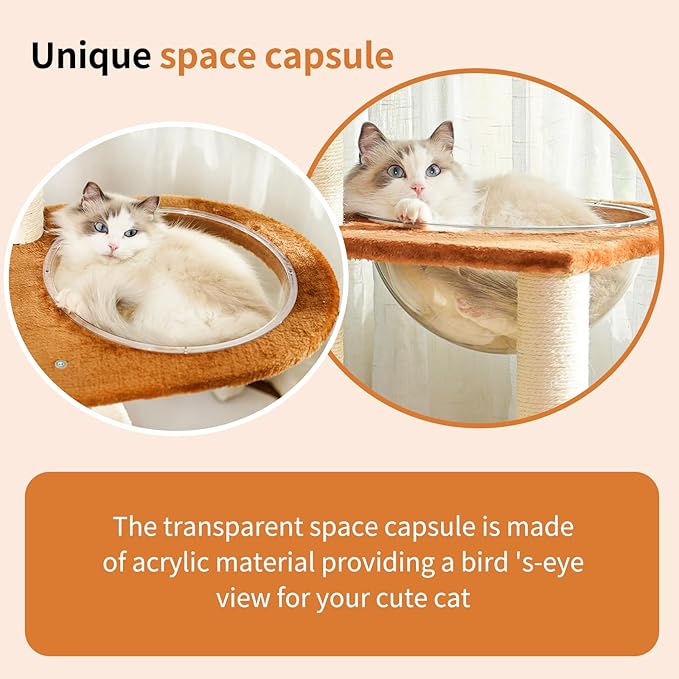 Modern Cat Tree Tower,Hand-Woven Ma Teng cat nest, Sisal-Covered Scratching Posts for Indoor Cats, Multi-Level Cat Condo with Space Capsule Nest, Tall Cat Tree for Multiple Large Cats