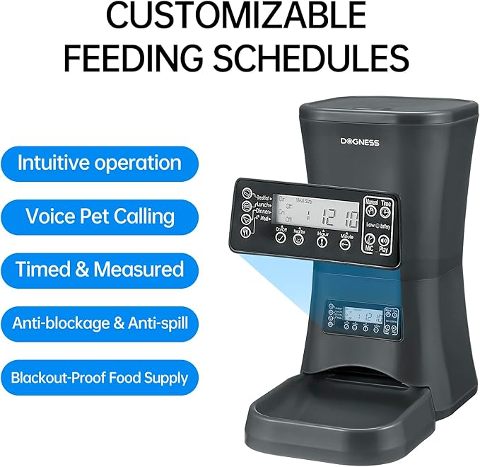DOGNESS 9L Dog Feeders for Large Dogs, Automatic Dog Feeder with Timer Extra Large, Programmable Auto Pet Food Dispenser Feeder, Portion Control, Voice Recording, Battery and Plug-in Power (Black)