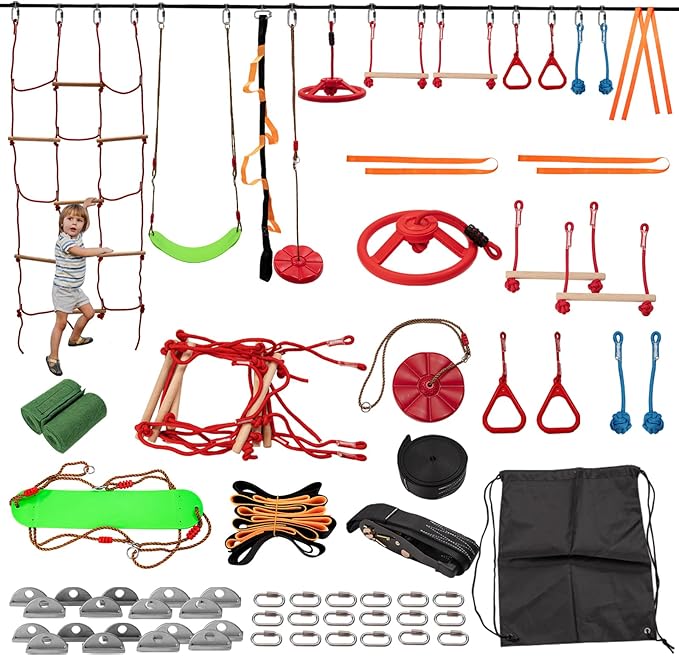 Slsy 60FT Ninja Warrior Obstacle Course (13 Obstacles), Ninja Slackline Kit for Kids, Durable Playset Equipment with 13 Most Complete Set-Monkey Bar,Swing, Balance Belt, Climbing Ladder & Net
