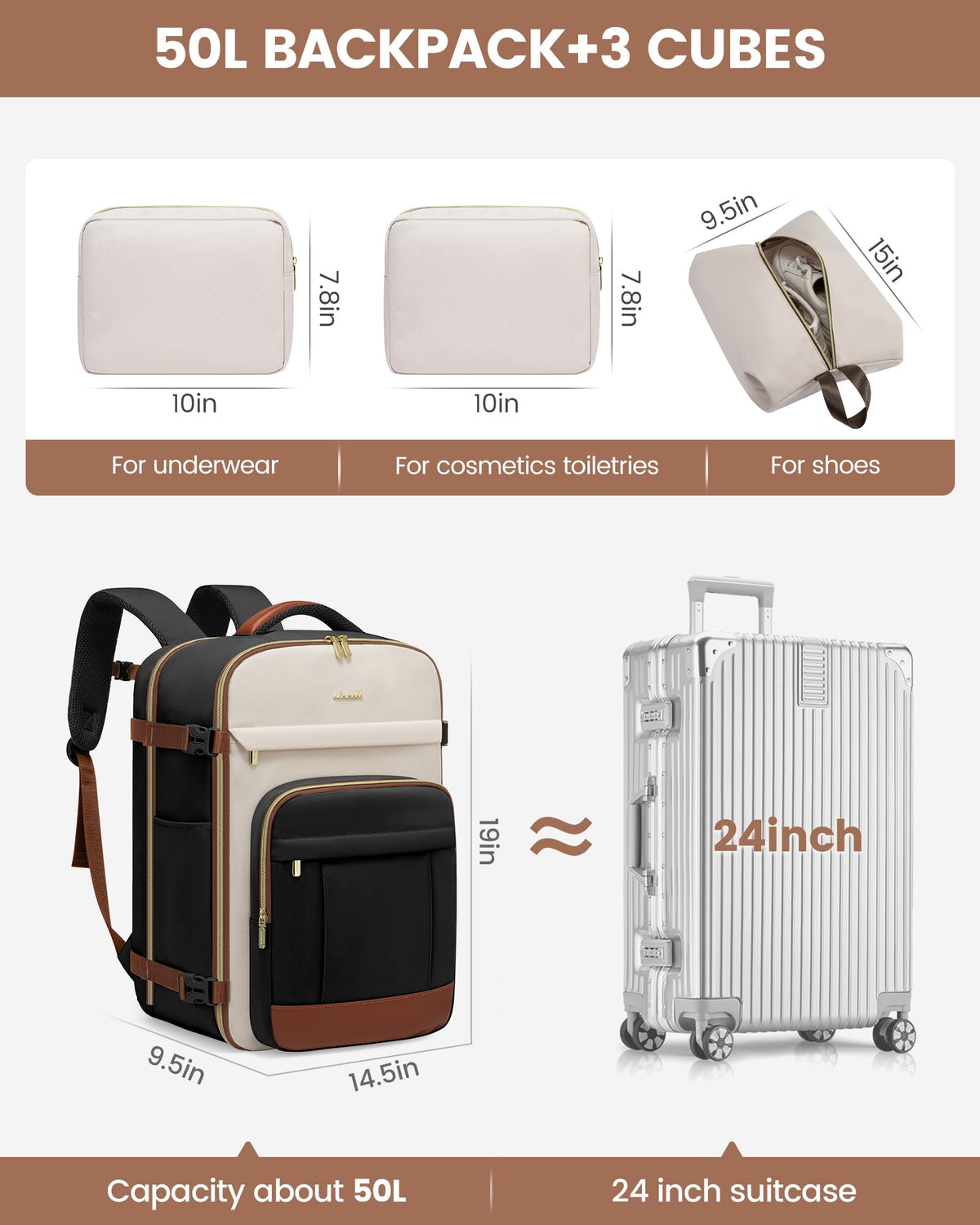LOVEVOOK 40L Travel Backpack for Women & Men - 17.3 Inch Carry On Backpack & Personal Item Backpack for Airlines, Spacious and Durable Design, with 3 Packing Cubes