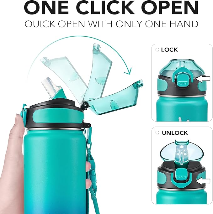 Enerbone 24 oz Insulated Water Bottle, Stainless Steel Bottle with Carrying Strap, Double-Wall Vacuum Insulation Design, Leakproof Sports Bottle with Straw, Keep Drinks Cold or Hot for Hours