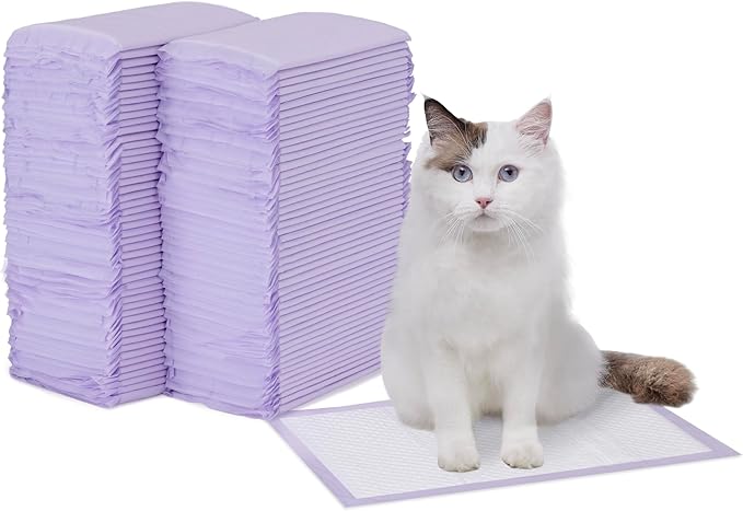 Amazon Basics Cat Pee Pads, 100 Count, Universal Fit for Litter Box, Odor Control, Unscented, White/Purple
