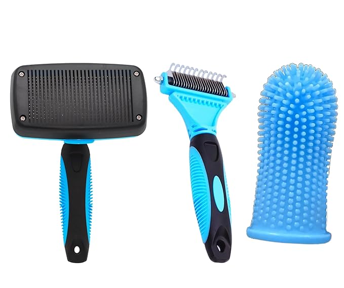 3-in 1 Dog & Cat Grooming Supplies- Self-cleaning Slicker Brush, Deshedding Rake Comb, And Finger Toothbrush For Dogs & Cats | Perfect For Pet Grooming Kit, Dematting And Dental Tool (blue)