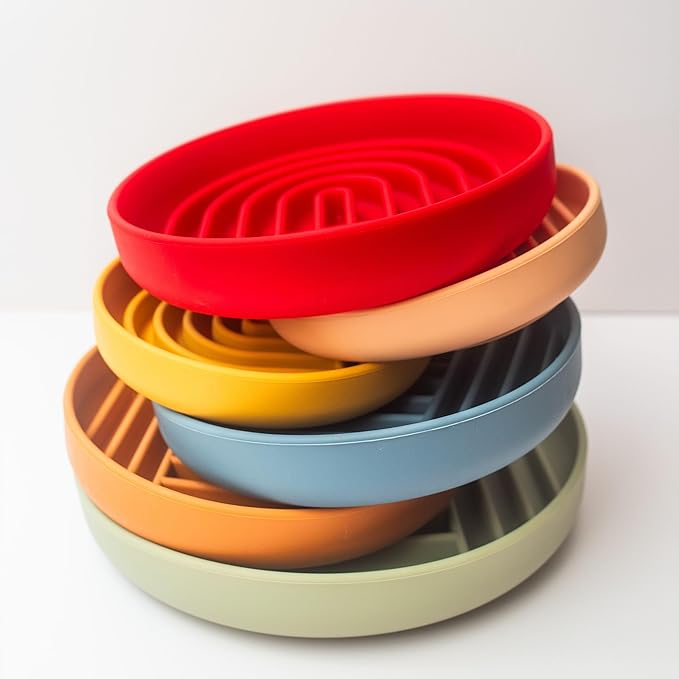 The Slowdown Bowl Silicone Slow Feeder for Dogs & Puppies, Slow Eating, Modern Lick Mat Design, Reduces Gulping, Fits 2 Cups 7.5” Across x 1.5” Tall, Mealtime Challenge, Medium-Cherry