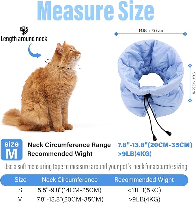 Cat Recovery Collar, Soft Adjustable Cone for Cats and Kittens, Lightweight Waterproof Elizabethan Collar for After-Surgery Care, Prevent Licking and Scratching, Neck Protector for Pets（Light Blue,M）
