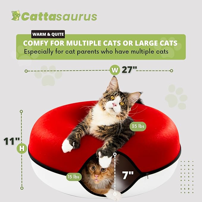 Cattasaurus Peekaboo Cat Cave, Extra Spacious for Multiple & Large Cats 12+ lbs, Scratch Detachable Cat Beds for Indoor Cats, Washable Tunnel Bed, Comfy Cat Donut Tunnel (Ruby Snowball, Jumbo)