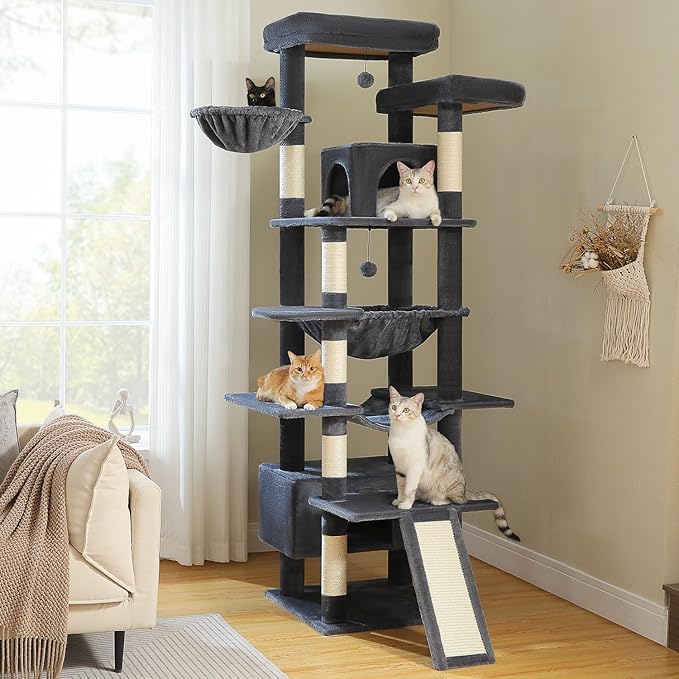 81 Inch Tall Cat Tree for Big Cats & Multi-Cat Homes, Large Heavy Duty Cat Tower with Metal Frame Hammock, 6 Scratching Posts, 2 Condos, 2 Perches, Scratching Pad - Dark Grey