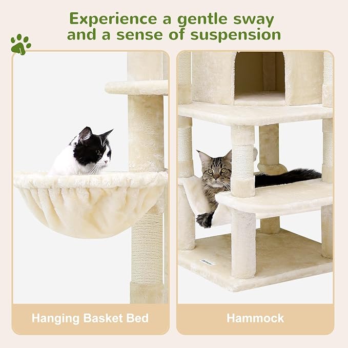 Globlazer Corner Cat Tree for Large Cats, 66inch Tall Curved Series Large Cat Tower for Multiple Indoor Cats with 6 Scratching Posts, 2 Spacious Cat Condos, Hammock, Hanging Basket, C66, Beige