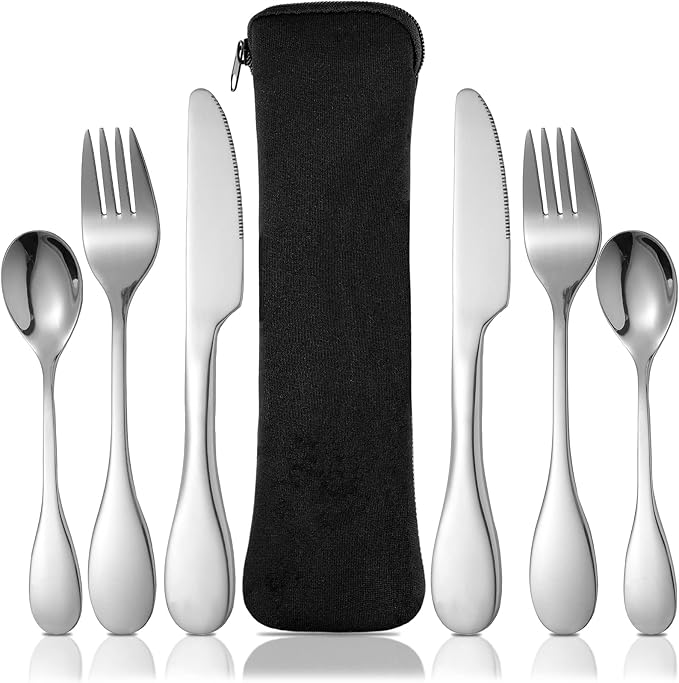 7 Pieces Bariatric Eating Portion Control Flatware Bariatric Management Silverware Serving Spoons Forks Knives Stainless Steel Weight Loss Utensils with Fabric Storage Bag