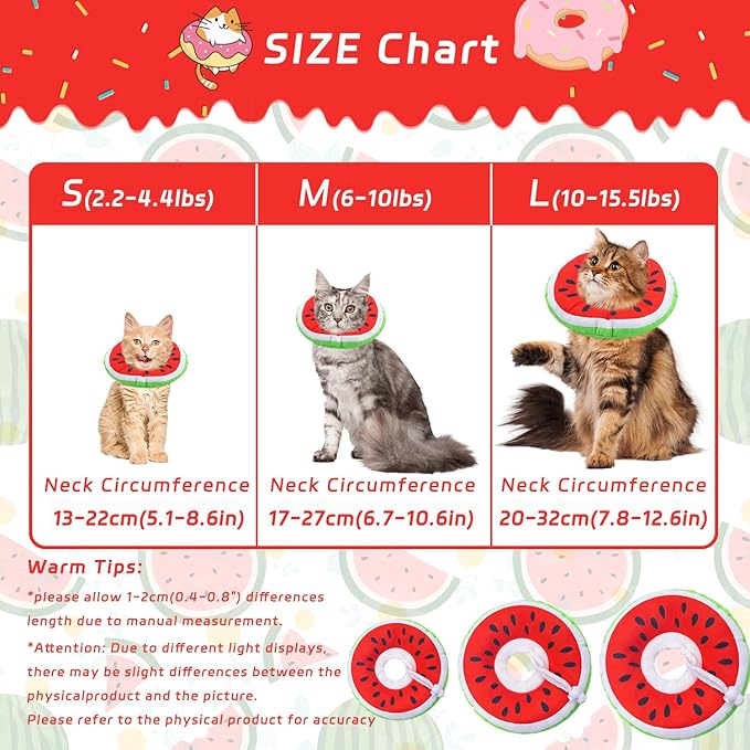 Cat Cone Collar Soft, Adjustable Cat Recovery Collars Kitten Cones to Stop Licking, Cute Donut E Collar After Surgery, Wound Healing Elizabethan Collar for Kittens (Watermelon, Medium)