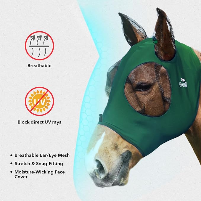 Harrison Howard Super Comfort Stretchy Fly Mask Large Eye Space with UV Protection Soft on Skin with Breathability Deep Green Extra Full Size