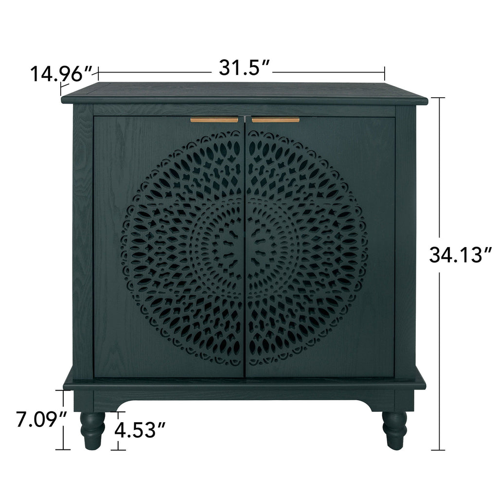Hollow Carved 2 Door Accent Cabinet With Adjustable Shelf, Sideboard Buffet For Entryway, Living Room Or Bedroom - Blackish Green