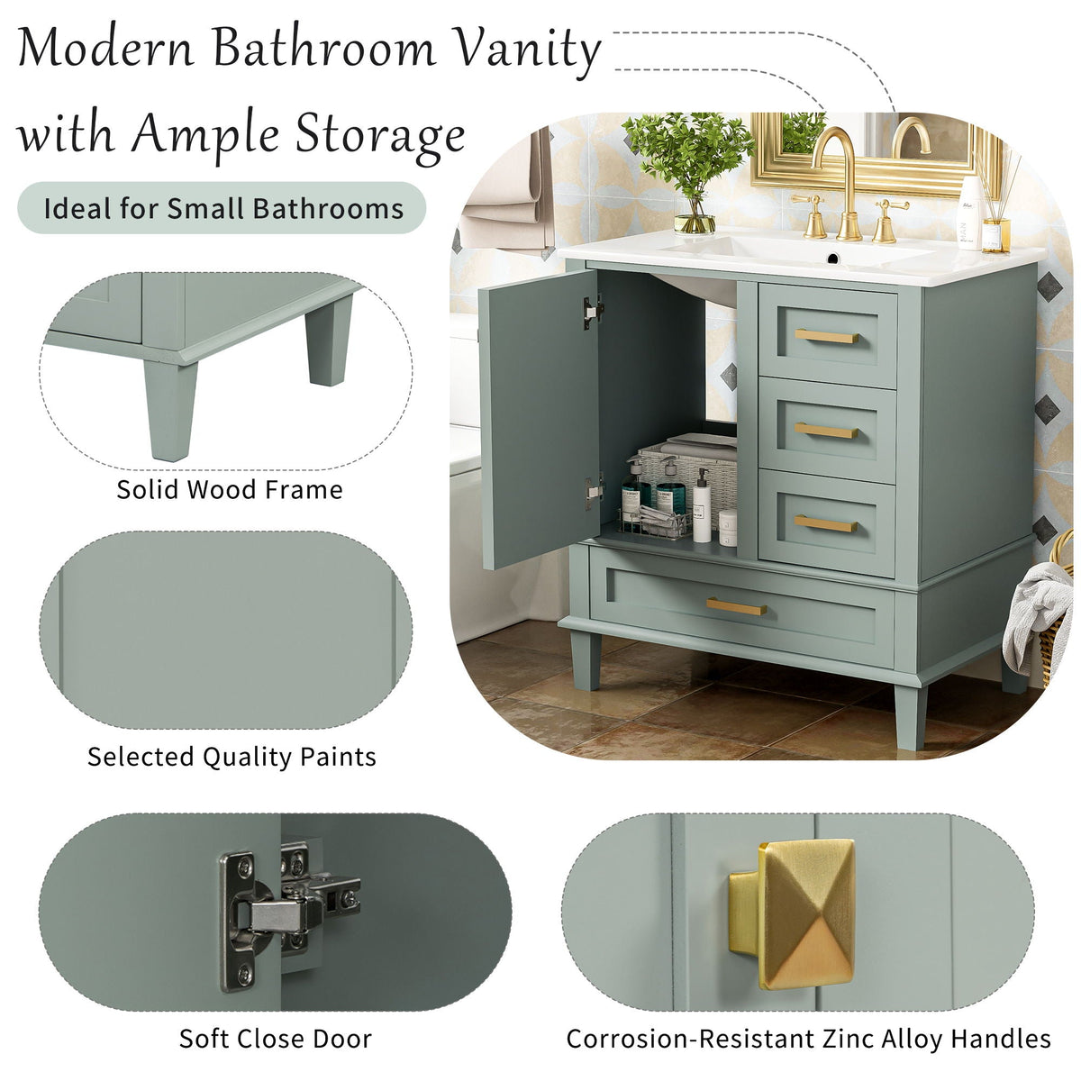 Bathroom Vanity, Modern Bathroom Cabinet With Sink Combo Set, Bathroom Storage Cabinet With A Soft Closing Door And 3 Drawers, Solid Wood Frame
